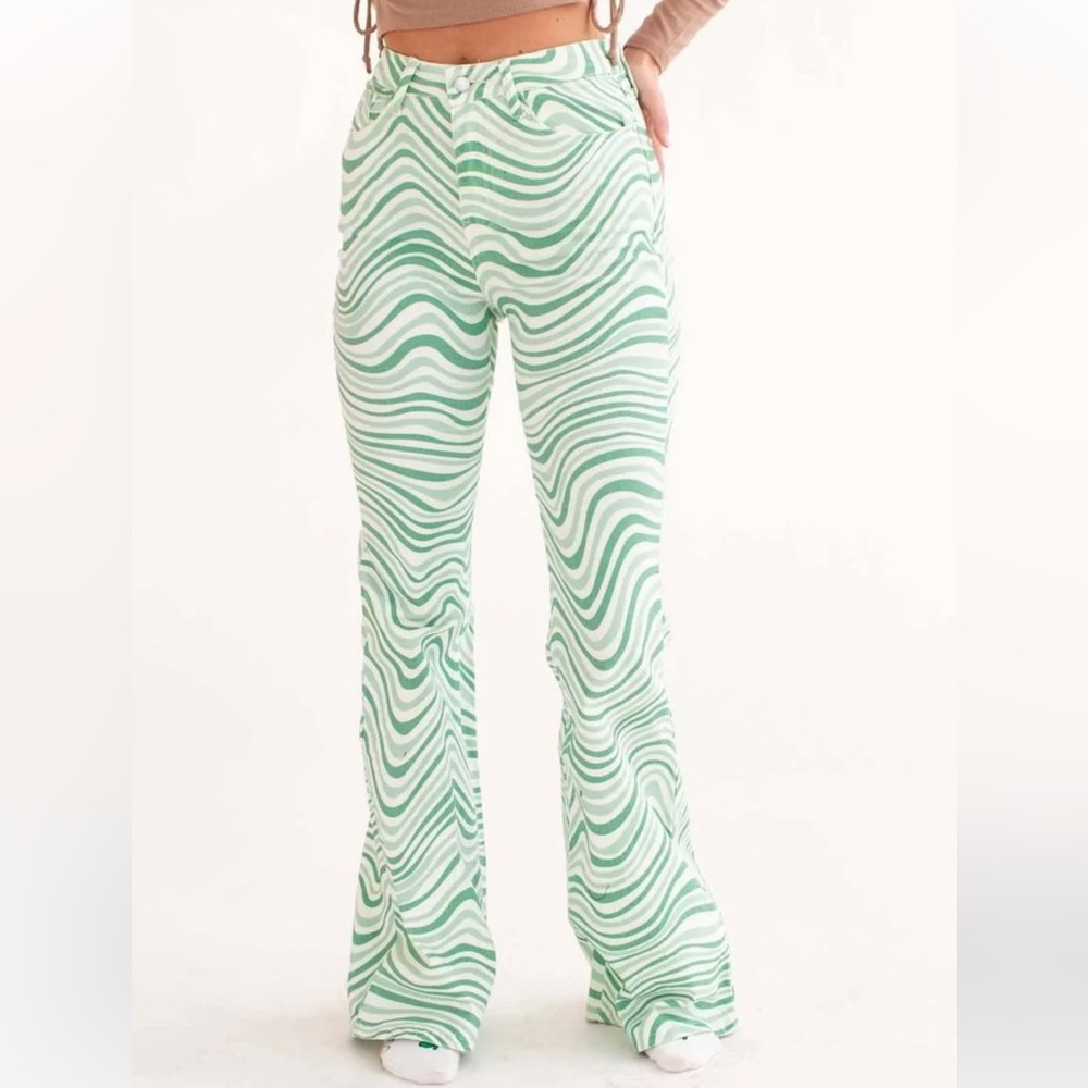 Machine Green Swirl High-Waisted Flare Jeans Size 3